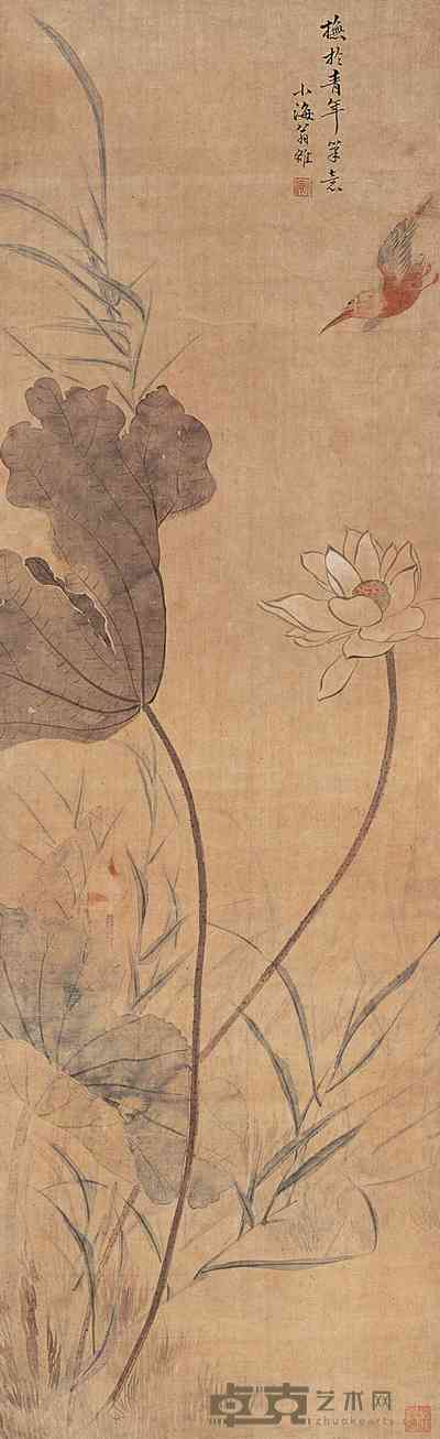 翁小海 荷花小鸟图 立轴 104×32cm